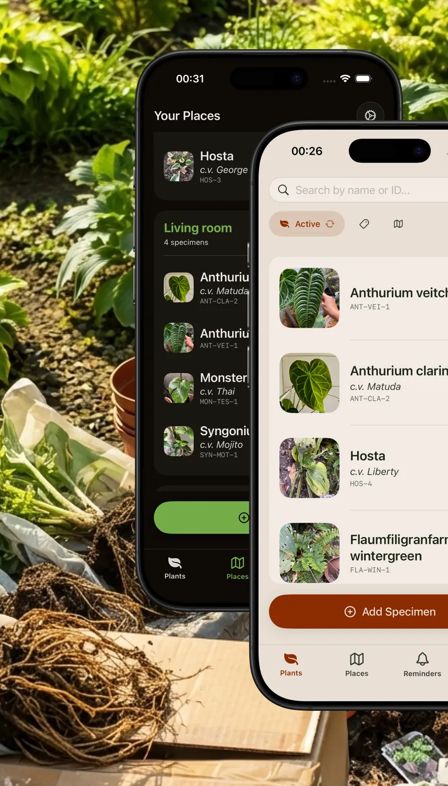 List of plants with photo, name, cultivar and ID code, in light and dark mode