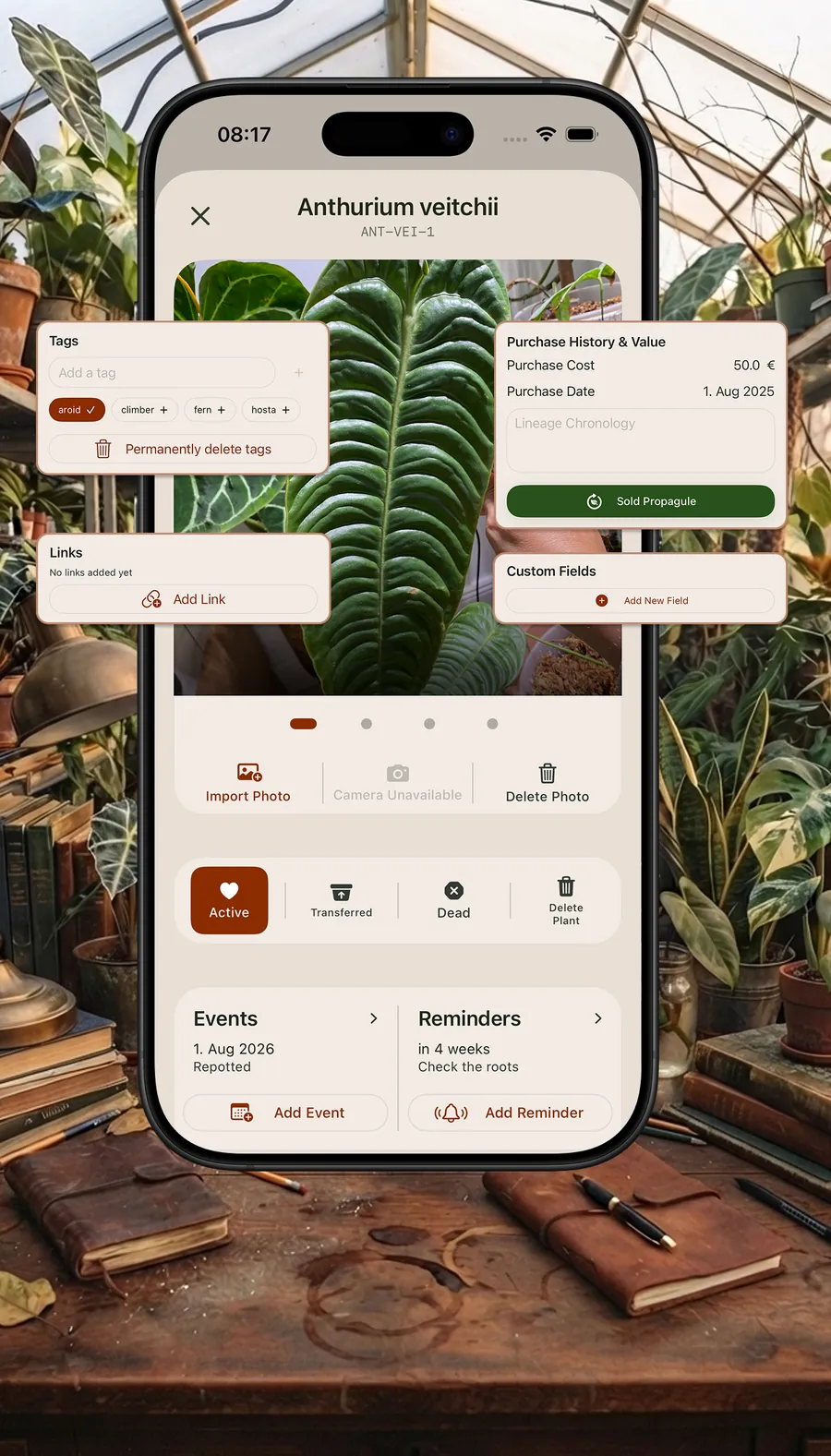Plant detail screen with tags, links, purchase history, custom fields, events and reminders