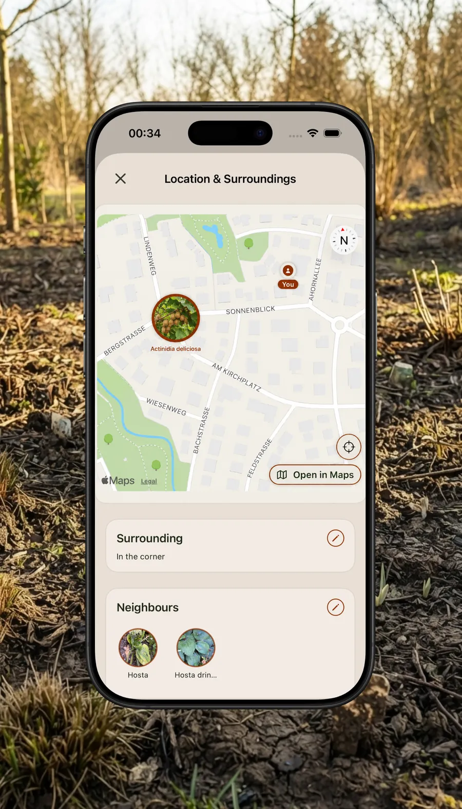 Map with a GPS pin for a plant and a list of neighbouring plants