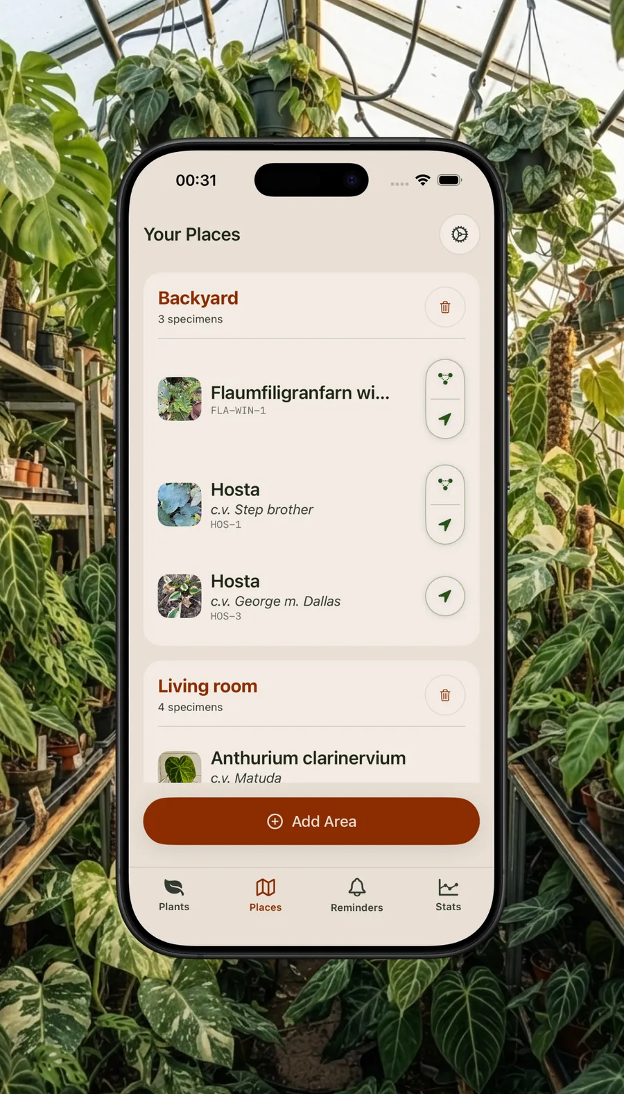 The Places tab listing a backyard and a living room with the plants in each