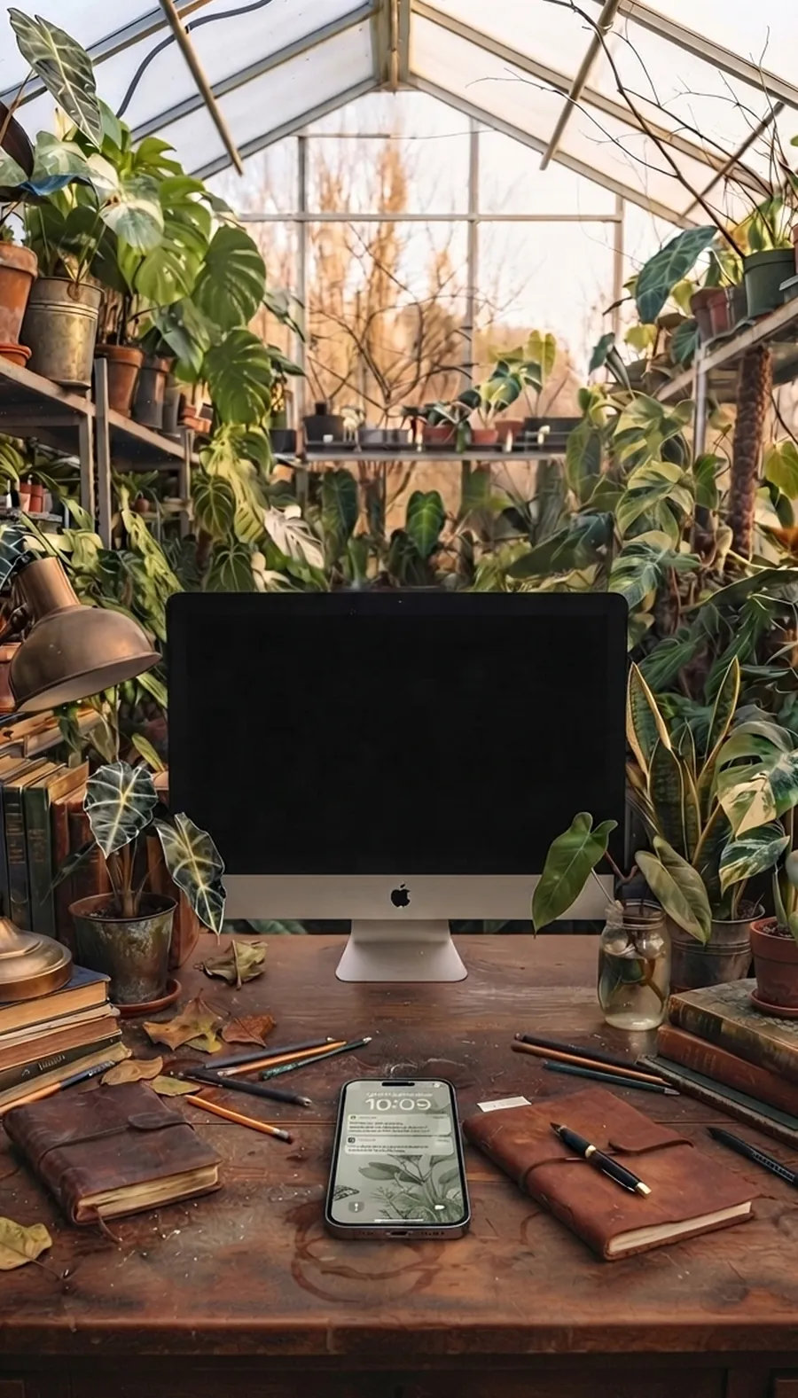 An iMac and an iPhone on a desk in a greenhouse
